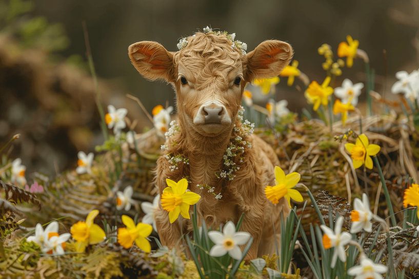 Lentekalf in een narcissenveld - Een vleugje plattelandsleven voor je huis van Poster Art Shop