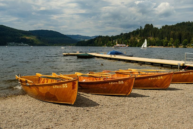 Wooden rowing boats on the beach, Titisee, Black Forest, Germany by Steven Van Aerschot