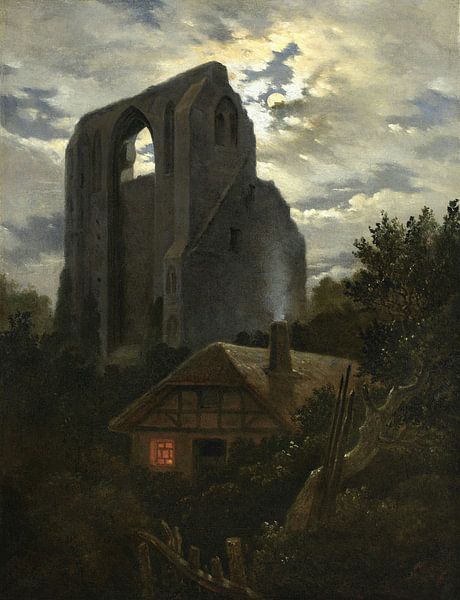 Ruïne Eldena met huisje in het maanlicht, Carl Gustav Carus van Meesterlijcke Meesters