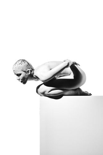 Serie Naakte vrouw gefotografeerd op een grijs blok