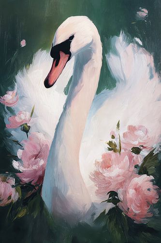 Swan among pink flowers no. 5