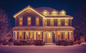 Haus ist weihnachtlich geschmückt mit Lichtern Illustration