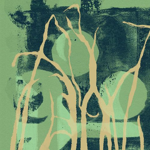 Gras in geel op groen en zwart. Abstract botanisch.