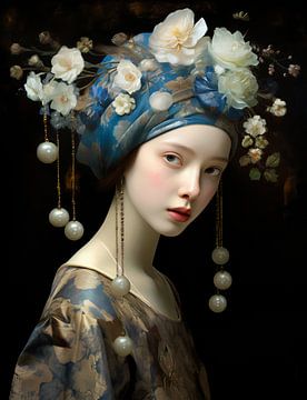 Charmante jongedame met een blauwe tulband, blauwe en witte bloemen en grote parels van Danny van Eldik - Perfect Pixel Design