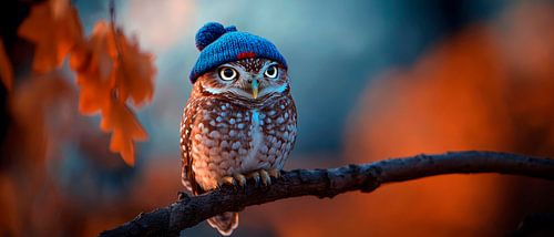 Uil met blauwe kap in het herfstbos