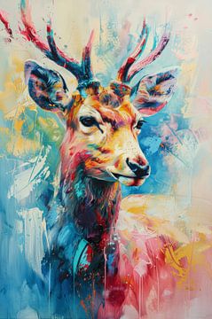 Majestueuze Elegantie Hert in Kleurrijke Abstractie van Eva Lee