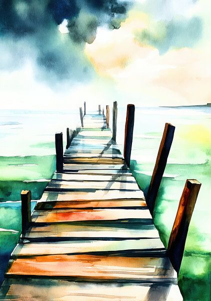 Footbridge into the water - Watercolour landscape by Niklas Maximilian