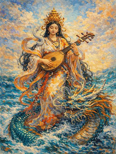 Peinture représentant une déesse bouddhiste japonaise accompagnée d'un dragon marin.