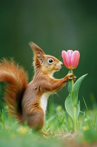 Eekhoorn geniet van de geur van de roze tulp