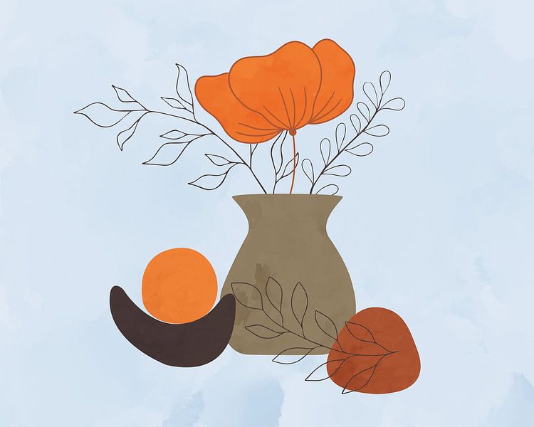 Orange flower and leaves in a vase