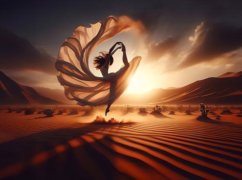 Beautiful woman doing the mid air split in the desert at sunset