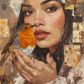 Femme et rouge-gorge - œuvre d'art luxueuse dans des tons dorés sur Emiel de Lange