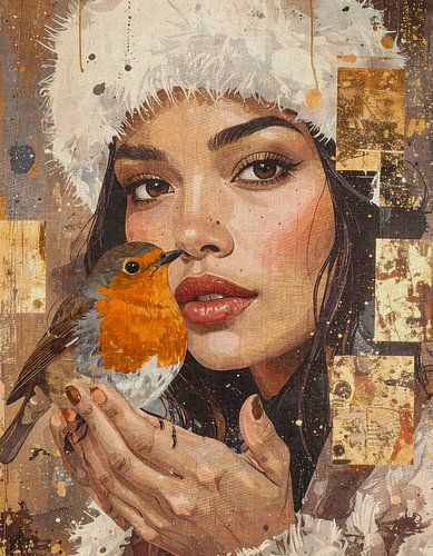 Vrouw en roodborstje - luxe kunstwerk in goud tinten van Emiel de Lange