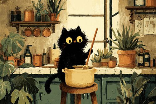 Zwarte kat met een kooklepel in de pan