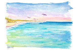 Seabirds hover over blue waves on the north coast by Markus Bleichner