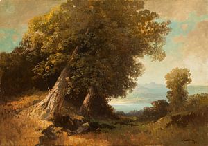 Oskar Mulley, Waldlandschaft mit Seeblick, um 1945