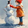 Der Schneemann - Nostalgische Winterszene mit Kind und Robin von Peter Pen Zeichnungen und Gemälde