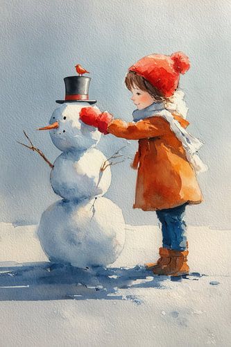 Le bonhomme de neige - Scène d'hiver nostalgique avec un enfant et un merle