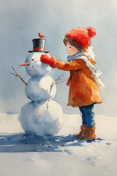 Le bonhomme de neige - Scène d'hiver nostalgique avec un enfant et un merle par Dessins et peintures de Peter Pen