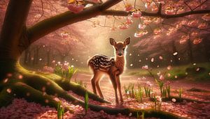 Un faon dans un monde magique de cerisiers en fleurs