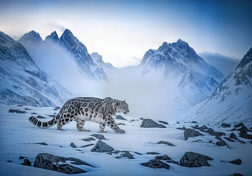 Sneeuwluipaard wandelen in besneeuwd berglandschap