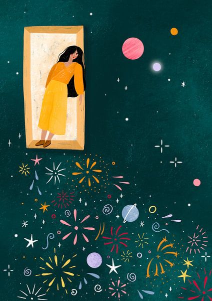 Une robe jaune se penche à la fenêtre par Bea Müller