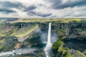 View on the Haifoss waterfall from the Fossa river in Iceland