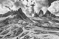 The Drei Zinnen in the Dolomites in Italy in black and white