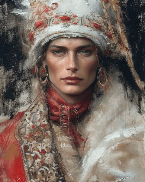Modern and partly abstract portrait in black, white and red by Carla Van Iersel