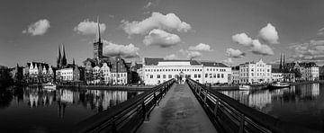 Lübeck old town panorama on the Trave - black and white