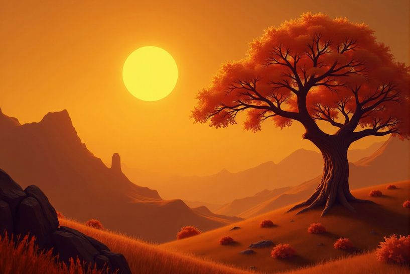 Illustration numérique d'un paysage au coucher du soleil avec un arbre solitaire par Markus Gann