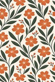 Oranje Bloemenpatroon met Groene Takken Poster