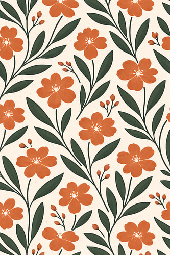 Oranje Bloemenpatroon met Groene Takken Poster