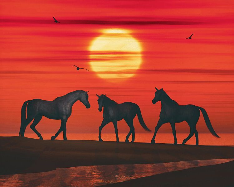 Drei Pferde laufen am Strand aufeinander zu von Jan Keteleer