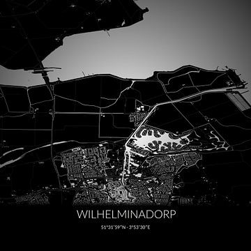 Carte en noir et blanc de Wilhelminadorp, en Zélande. sur Rezona
