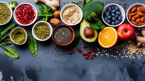 Gezond eten clean eating selectie: fruit, groente, zaden, superfood, granen, bladgroente op grijze kopieerruimte