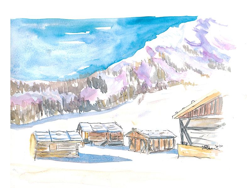 Rustikale Alpine Berghütten im Schnee von Markus Bleichner