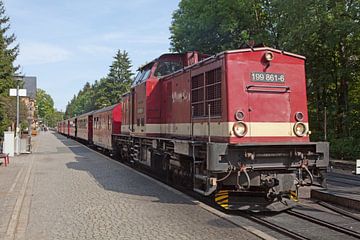 Diesellocomotief van de Harzer Schmalspurbahn bij station Drei Annen Hohne van t.ART