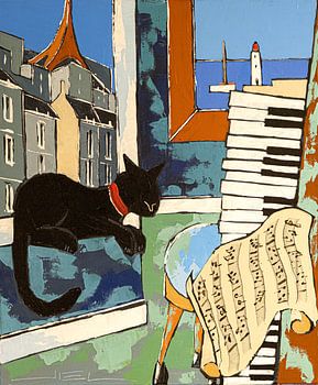 Schwarze Katze am alten Klavier mit Noten und Blick über die Dächer von Paris