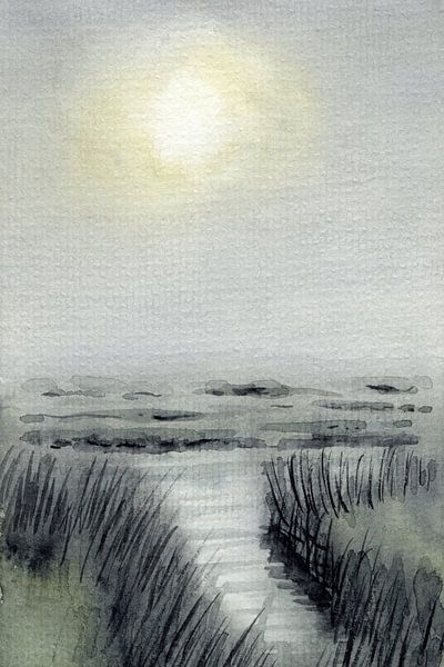 Stimmungsvolle neblige Wiesenlandschaft von Marina Goudappel