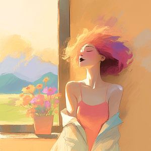 Frau am Fenster mit Blumen