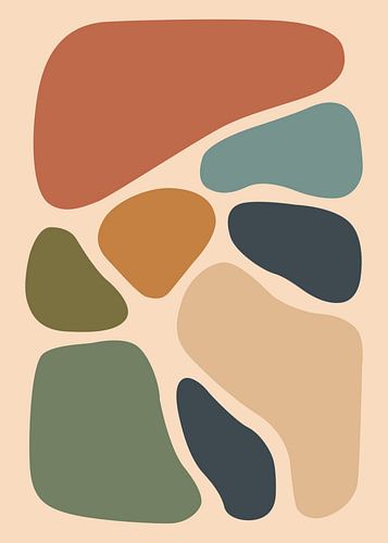 Minimalistische, platte, abstracte vectorillustratie van puzzelachtige organische klodders in aardetinten in boho-stijl.