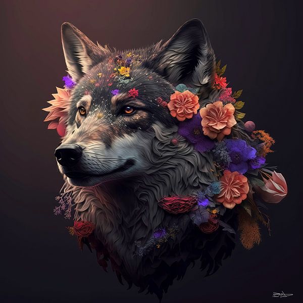 wolf with flowers by Gelissen Artworks