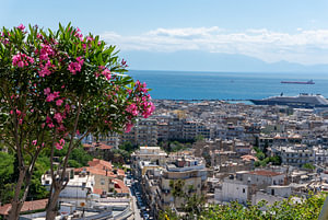 Panoramablick auf die Stadt Thessaloniki mit Hafen im Frühling, Griechenland