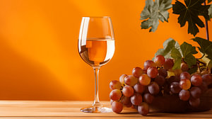 Glas Wein mit Trauben und orangefarbenem Hintergrund