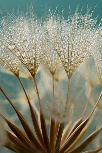 Goud - bruine pluisjes met waterdruppeltjes met petrol achtergrond