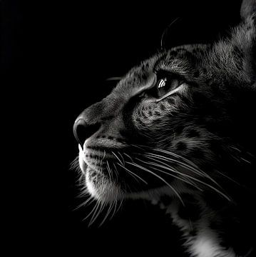dramatisch portret in zijaanzicht van een luipaard in zwartwit van Margriet Hulsker