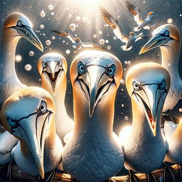 Group of grinning Northern gannets