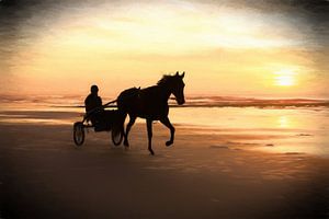 paard en sulky op het strand