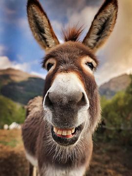 een hartelijk lachende ezel in het landschap van Jürgen Wiesler